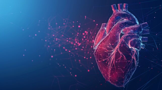 Human heart. Abstract 3d  illustration. Red cardio pulsation line isolated on blue background. Anatomy, cardiology medicine, organ health, medical science, healthcare, illness concept