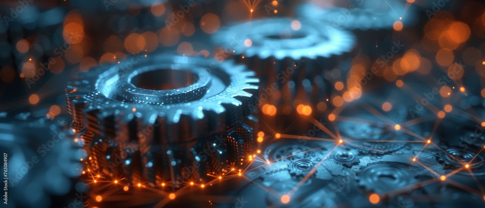 Poster Quality control concept with ISO standards in dark background. The concept is a cog wheel and gear wheel mechanism with low polygonal mesh.