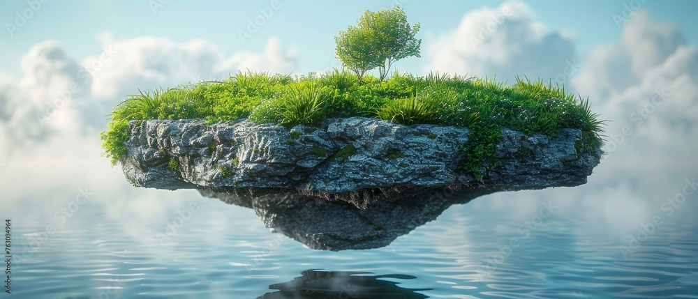 Poster the floating island has a natural grass field on the rock, part of a surreal float landscape with a 