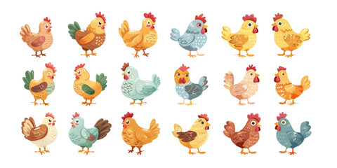 Set of cute hens in various poses on a white background. - obrazy, fototapety, plakaty