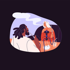 People with nicotine addiction relax in hookah lounge, bar. Couple smokes in public place, woman exhales tobacco fume, flavor vapor. Smokers are on romantic date. Flat isolated vector illustration