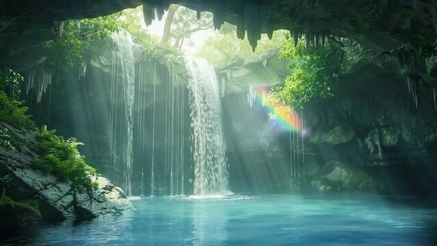 waterfall in the forest, background, 8k, animation video, Seamless looping, footage, generative Ai