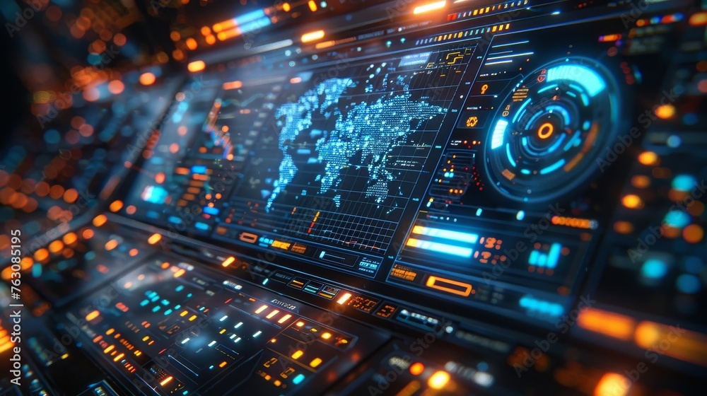 Poster HUD user interface with 3D world map and business data charts. Digital dashboard panel with blue holograms of circular diagrams and statistics.
