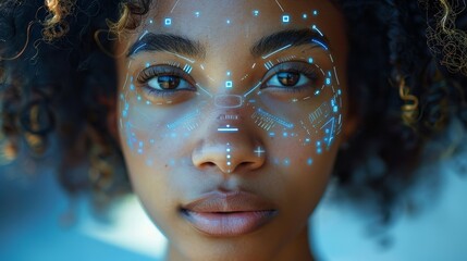 The head of a beautiful young African American woman with a head up display around her eye and face recognition technology. - obrazy, fototapety, plakaty