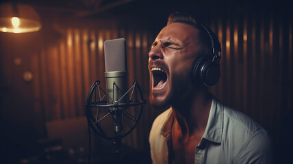 Man singing into a microphone with headphones in a recording studio