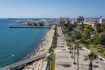 Aerial drone photo of Molos boardwalk and park in Limassol, Cyprus