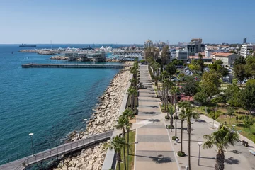 Gordijnen Aerial drone photo of Molos boardwalk and park in Limassol, Cyprus © Fotokon