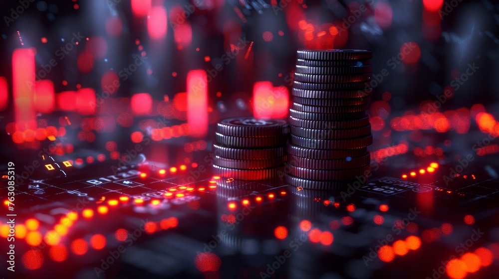 Poster A digital coin dollar stack with growth arrows on a computer monitor screen. Abstract futuristic low polywireframe style.
