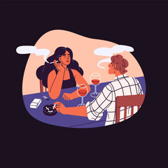 Couple smokes cigarettes together in smoky restaurant. People relax, exhale tobacco fume, steam. Smokers drink alcohol, wine on romantic date. Nicotine addiction. Flat isolated vector illustration