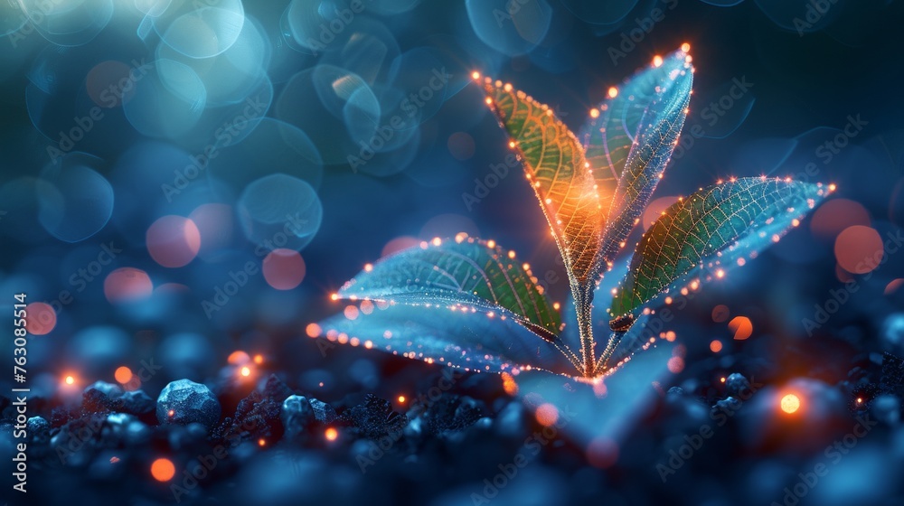 Poster Genetic engineering of seedling tree leaves. Abstract illustration isolated on dark blue background. Life science life ecology. Low poly wireframe mesh.