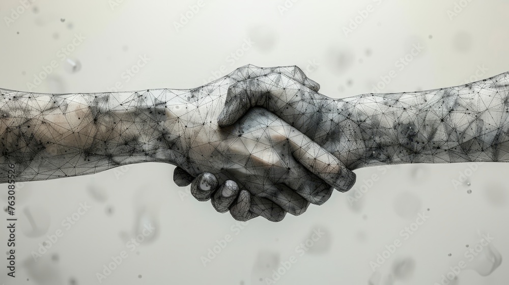 Aufkleber In this abstract illustration, two hands are holding each other in a handshake. This is an isolated design on a white background. Low poly wireframe. Gesture hands. Business symbol. Abstract