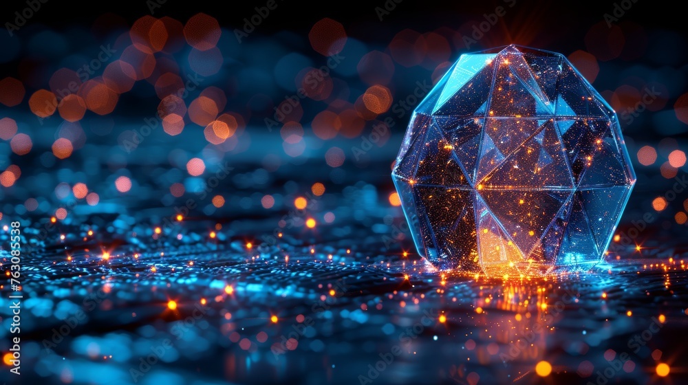 Poster an illustration of a digital key under a protective dome in a futuristic polygonal style. concept fo