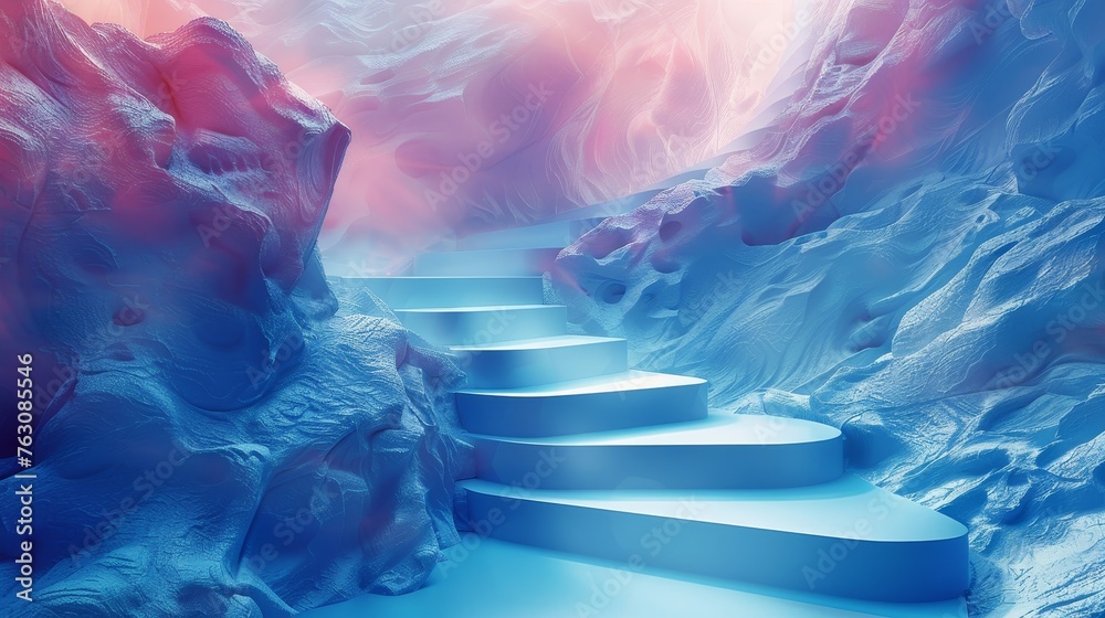 Poster symbol of success on a blue background. polygonal staircase up. digital path abstract modern illustr