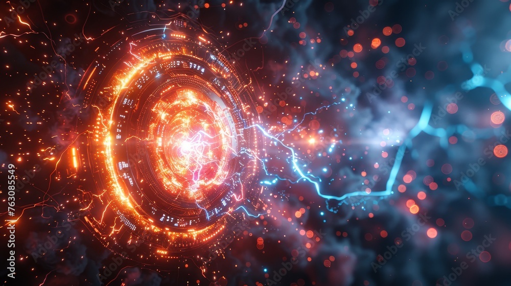 Aufkleber An abstract and futuristic shield with lightning on a dark background with a glowing effect. Sparks strike the shield like cyber armor or an energy field effect.