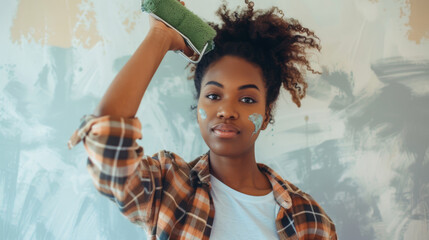 A smiling young adult holding a paint roller up against a half-painted wall.