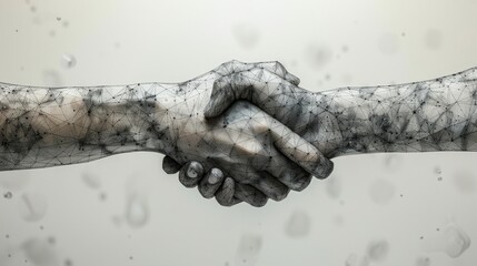 In this abstract illustration, two hands are holding each other in a handshake. This is an isolated design on a white background. Low poly wireframe. Gesture hands. Business symbol. Abstract
