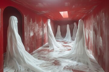 an otherworldly exhibition, a red maze with white, ghostly sculptures at every turn, challenging perceptions hyper-realistic