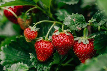 Vibrant, luscious strawberries on bush in garden, Generative AI