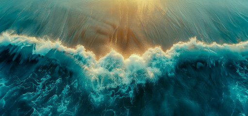 Overhead photo of crashing waves on the shoreline - obrazy, fototapety, plakaty