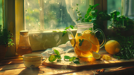 lemons in a jar with mint - Powered by Adobe
