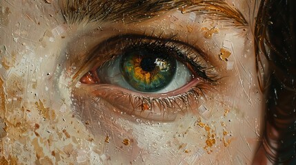 Closeup of a human gaze, depicted in oil paint with intricate stucco textures, conveying a hauntingly beautiful melancholy super realistic