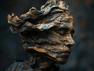 a person made from twisted wood, body parts seamlessly transforming into abstract art forms, set against darkness