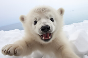 Adorable White Bear Cub Gazing into Frame Against Snowy Background, A Heartwarming Portrait of Winter Wonder