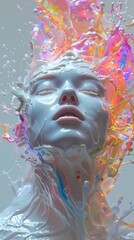 a white plastic humanoid head, enveloped in a burst of rainbow liquid, highlighting contrast hyper-realistic