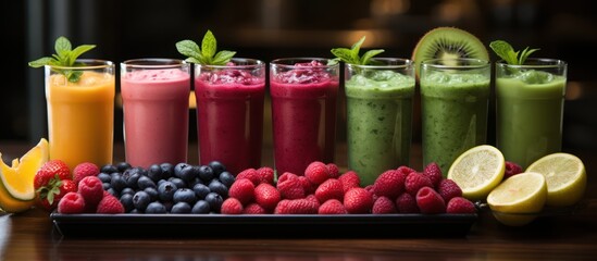 display of healthy fresh fruit and vegetable smoothies with various ingredients served on wooden...