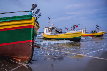 Fototapeta premium Fishing boats on Baltic Sea beach in Karlikowo District in Sopot city, Poland