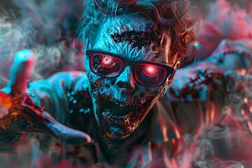 a frontal view zombie game cover, featuring a menacing undead character breaking through the background Emphasize horror elements and vibrant color