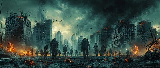 zombie game poster with a postapocalyptic cityscape as the backdrop Incorporate elements like torn buildings, wreckage - 763086922