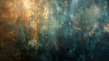 Artistic grunge background with a mix of gold and blue tones creating a textured abstract surface. - obrazy, fototapety, plakaty