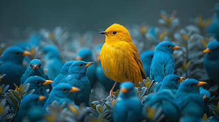 Yellow bird standing out amongst blue birds.