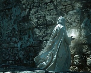enigmatic man in a white robe, holding an ancient, glowing artifact, casting shadows on an old stone wall 3D render