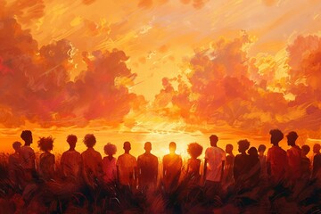 Illustrate a horizon filled with diverse individuals embracing empathy in a new era Use warm colors and soft contours to convey hope and connection