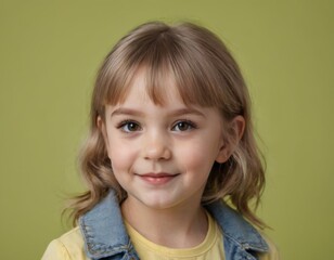 A young girl with brown hair is smiling at the camera. - 763087549