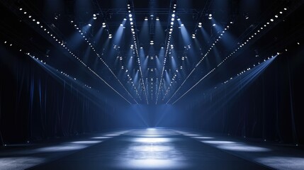 Empty catwalk with many spotlights, fashion event, runway podium stage - obrazy, fototapety, plakaty
