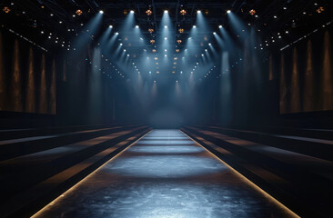 Empty catwalk with many spotlights, fashion event, runway podium stage