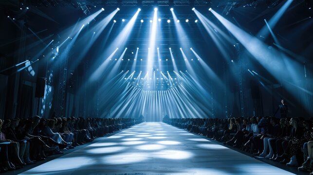 Empty catwalk with many spotlights, fashion event, runway podium stage