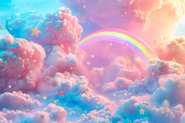 Magical Dreamscape: 3D Clay Style Mobile Wallpaper with Soft Rainbows, Clouds, and Stars in Vibrant Kawaii Pink Tones