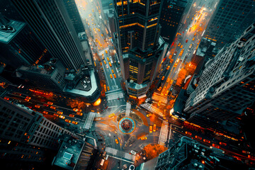 Urban Wasteland: Aerial Views of Post-Apocalyptic Cityscapes with Skyscrapers - obrazy, fototapety, plakaty