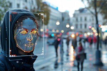 Person Tracked with Technology Walking on Busy Urban City Streets. CCTV AI Facial Recognition Big Data Analysis Interface Scanning, Showing Private Information. Surveillance Concept