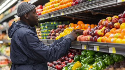 male worker stocking store shelves with fresh fruits and vegetables, food shopping or business concept 