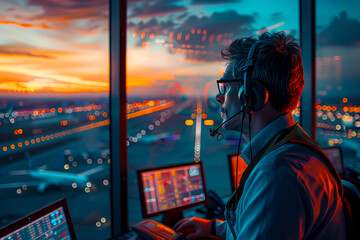 Airport Tower Communication: Air Traffic Controllers in Action, Navigation Screens and Departure Data, Panoramic Views of Airplanes Departing and Arriving - obrazy, fototapety, plakaty