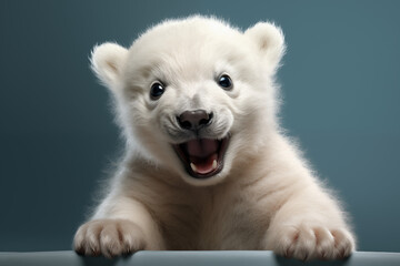 White Bear Cub Holding Banner Edge Against Blue Background, A Playful and Eye-catching Image Illustrating Creativity and Whimsy