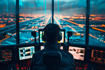 Sky High Operations: Air Traffic Controllers in Action at Airport Tower - obrazy, fototapety, plakaty
