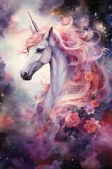 A painting depicting a celestial unicorn with vibrant pink hair galloping gracefully. The unicorn resembles a mythical creature surrounded by a magical constellation backdrop