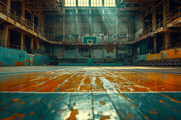 Desolate basketball court in abandoned arena captures eerie beauty of solitude