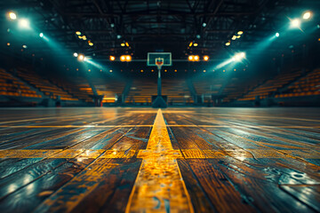 Desolate basketball court in front of deserted arena creates eerie atmosphere - obrazy, fototapety, plakaty